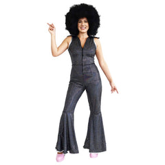 Disco jumpuit in black and silver with flare leg and gigh collar