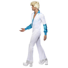 Disco man jumpsuit, white figure hugging with blue shirt front and sleeves, wide flare and silver trim at hemline.