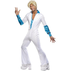 Disco man jumpsuit, white figure hugging with blue shirt front and sleeves, wide flare and silver trim at hemline.