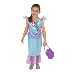 Child wearing an officially licensed Disney Ariel costume with shell handbag for Book Week and Little Mermaid dress-up.