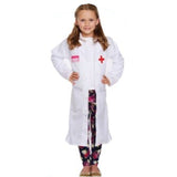 Child’s white doctor costume coat with red cross and printed name label