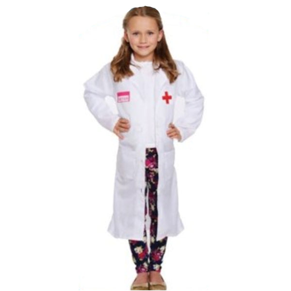 Child’s white doctor costume coat with red cross and printed name label