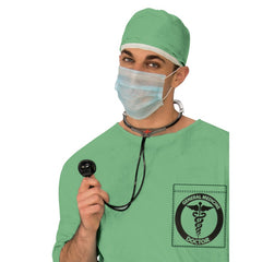 Doctor Scrubs Costume - Adult, green scrubs with headpiece, plastic stethoscope and face mask.
