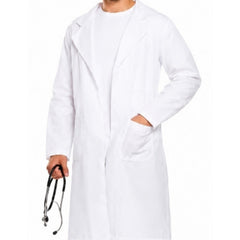 Doctor's white coat costume worn by model holding a stethoscope