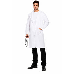 Doctor's white coat costume worn by model holding a stethoscope