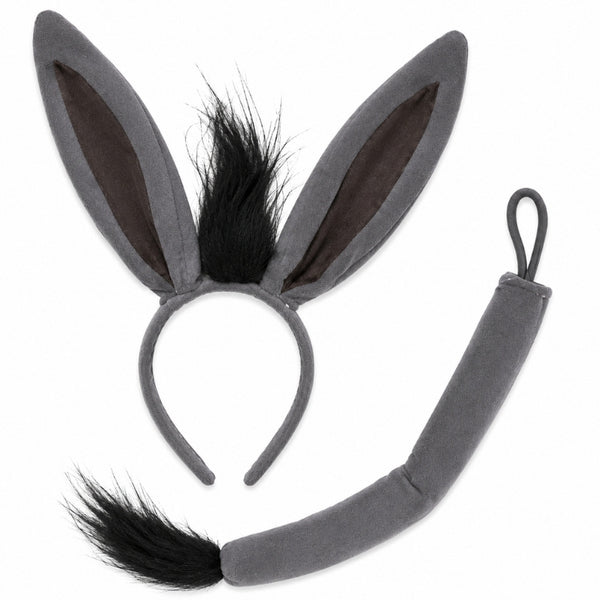Donkey ears and tail costume set with grey ears headband and matching tail.