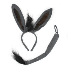 Grey donkey ears with brown inner detail and matching tail – animal costume set for Book Week or Nativity plays