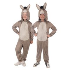 Child Donkey onesie costume from Shrek with attached hood and donkey ears