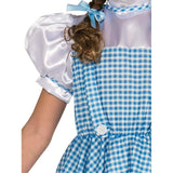 Close up of dorothy classic costume girls with puffy sleeves and high neckline, elastic waist.