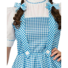 Deluxe adult Dorothy costume with gingham dress and ribbon bows from Wizard of Oz