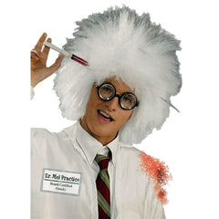 White frizzy mad scientist wig for adults – perfect for doctor or lab-themed costumes.