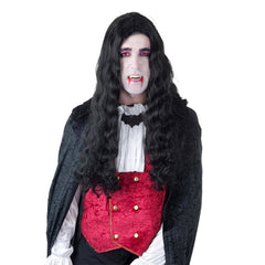 Long black costume wig with centre part and soft waves