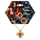 Vampire-themed necklace and ring set on a decorative card with a character in a costume.