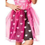 Draculaura Monster High child costume with pink dress, satin bat bow, and headband with 3D bat close up of skirt