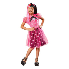 Child model wearing a pink Monster High Draculaura costume with satin bodice, printed white bats, and a pink collar.