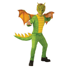 Child dragon costume with scale print jumpsuit, wings, and 3D latex dragon mask