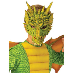 Child dragon costume with scale print jumpsuit, wings, and 3D latex dragon mask