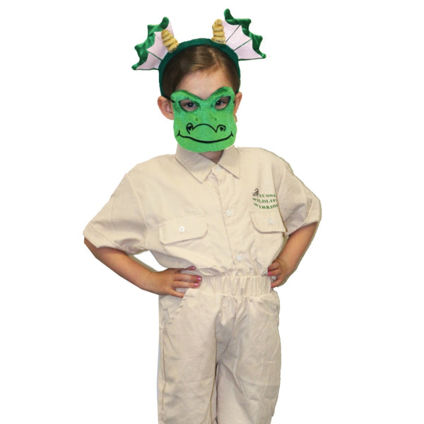 Kids green dragon mask and matching winged dragon headband set