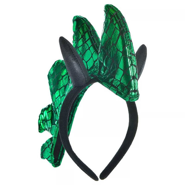 Dragon spikes headband in metallic green with scale print and black horns.