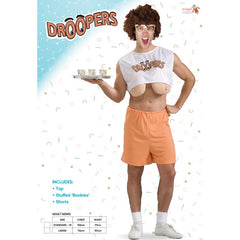 Adult novelty Droopers costume with pink top, drooping bust, and shorts – perfect for Mad Monday or bucks parties