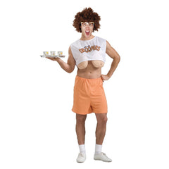 Adult Droopers novelty costume with pink top, drooping bust and matching shorts