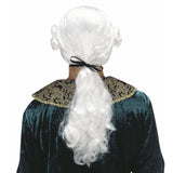 White 18th century inspired costume wig with side curls and tied ponytail for colonial dress-up
