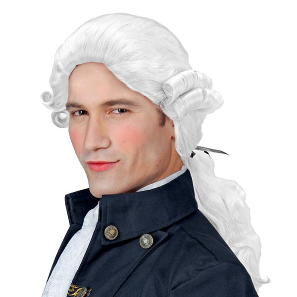 Adult white colonial wig with curled sides and long ponytail for historical and aristocrat costumes
