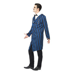 Duke of the Manor Costume, blue and black stripe jacket, faux shirt.
