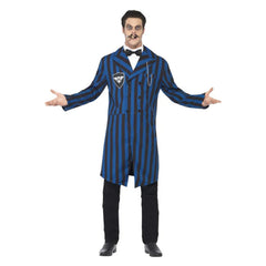 Duke of the Manor Costume, blue and black stripe jacket, faux shirt.