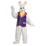 Adult wearing a full Easter Bunny mascot costume with faux fur jumpsuit and oversized rabbit head for Easter events.