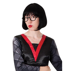 Edna Mode Deluxe Costume, dress with fibre filled segments on skirt, V neckline in red, digitally printed sleeves and black bob wig plus glasses.