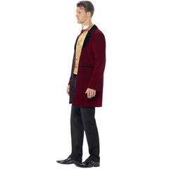 Edwardian Gent Deluxe Costume, burgundy long jacket, gold mock waistcoat and cravat.