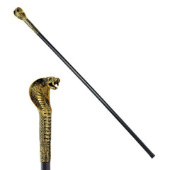 A black cane with an ornate gold-toned snake head handle, shown on a plain white background with a close-up of the handle and a full-length diagonal view.