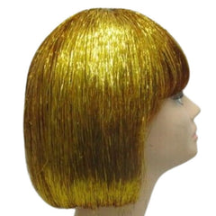 Gold tinsel bob wig for Egyptian goddess, disco, or futuristic costumes, lightweight and shiny deluxe party wig.