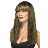 Egyptian Goddess Wig, long black wig with fringe with gold tinsel.