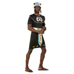Egyptian King Adult Costume in black with gold belt, hemline detail, wide collar, and pharaoh headdress