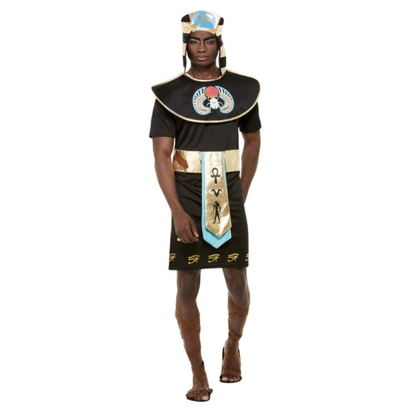 Egyptian King Adult Costume in black with gold belt, hemline detail, wide collar, and pharaoh headdress
