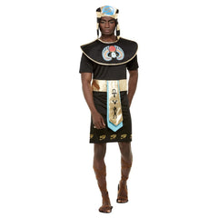 Egyptian King Adult Costume in black with gold belt, hemline detail, wide collar, and pharaoh headdress
