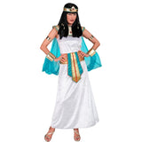 Egyptian queen costume inspired by Cleopatra with flowing white dress and gold accessories