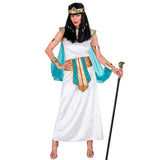 Woman wearing an Egyptian queen costume with white gown, gold accessories, turquoise veils, and royal headpiece