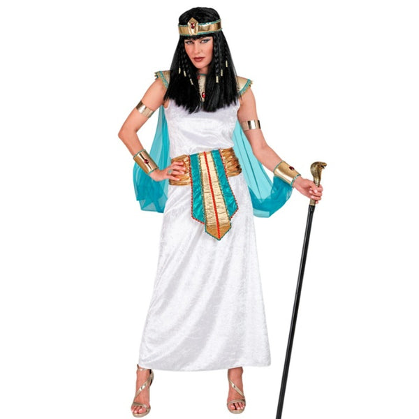 Woman wearing an Egyptian queen costume with white gown, gold accessories, turquoise veils, and royal headpiece