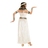 A woman modeling an Egyptian goddess costume from the back, featuring a cream-colored maxi dress with gold and turquoise blue trim, a matching headpiece, and gold jewelry, set against a plain white background.