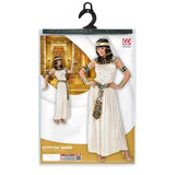 Egyptian Queen costume in its retail packaging, featuring a model wearing a cream-colored dress with gold and black patterned accessories, alongside an inset of the costume in use.