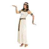 A woman modeling an Egyptian-inspired costume dress with gold, black, and turquoise blue decorative trim, a matching headpiece, armbands, and heeled sandals on a plain white background.