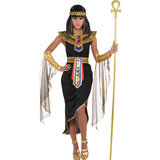 Egyptian Queen Women's Costume black dress with split at front, wide collar, headreath in gold belt and sleevelettes.
