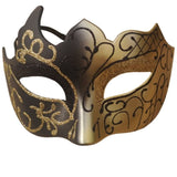 Black and gold mask with intricate designs on a white background