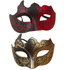 Two decorative masks, one red and black, the other gold and black, on a white background.
