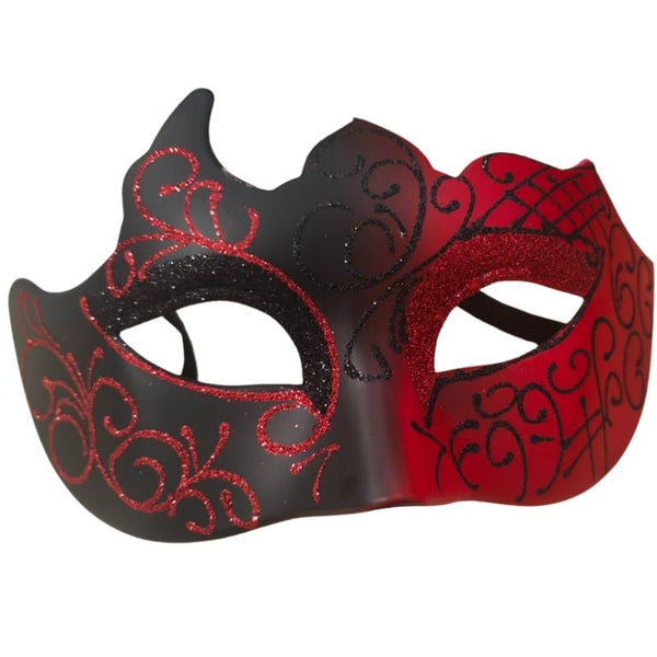 Black and red mask with intricate designs on a white background