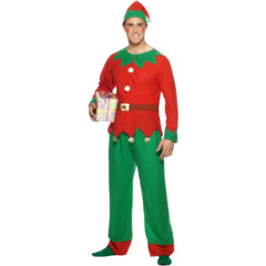 Adult red and green elf costume with top, trousers, and hat