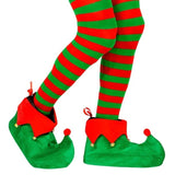 Side view of green and red elf shoe covers costume wear